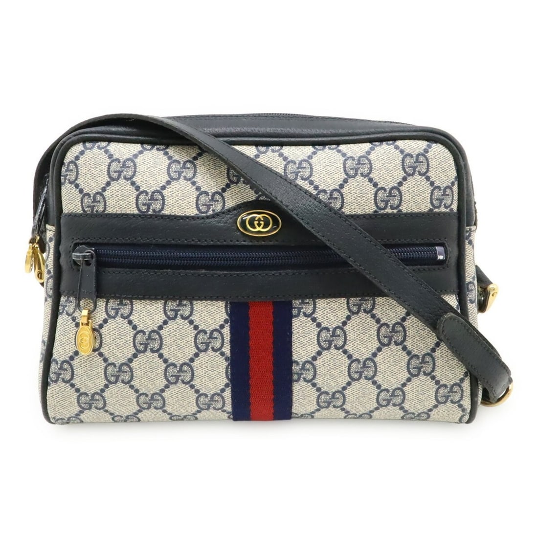 GUCCI (Old Gucci) GG Plus Sherry Line Shoulder Bag/Pochette, Leather, Navy, Ivory, Red, 010.378: --- Catalog ---Category: SizeSize (HxWxD): 15.5cm x 22cm x 7cm / 6.1'' x 8.66'' x 2.75''Category: DesignType: Pochette, Shoulder bagColor: Ivory, Navy, Red color, WhiteGender: Women,MenMaterial: Canva