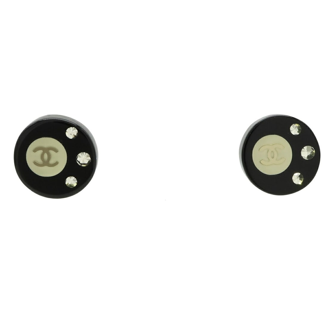 CHANEL Coco Mark Earrings, Round, Rhinestone, Plastic, Metal, Black, 08C (1 of 9)