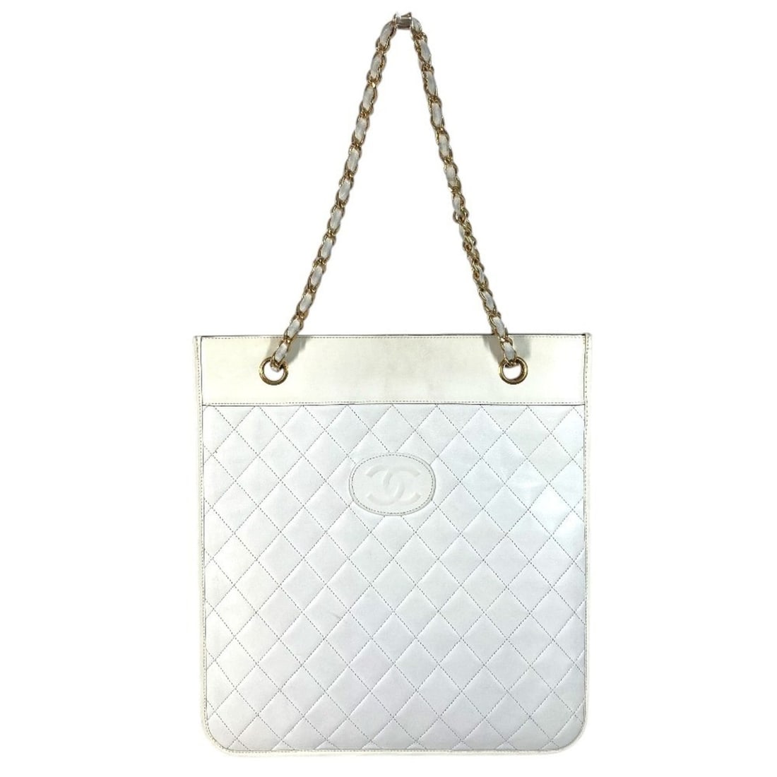 CHANEL Vintage CC Coco Mark Logo Flat Quilted Matelassé Bag, Shoulder Double Chain Tote Vertical: --- Catalog ---Category: SizeSize (HxWxD): 30cm x 28cm / 11.81'' x 11.02''Category: DesignType: Shoulder bag, Tote bagColor: WhiteGender: Men,WomenMaterial: Leather Category: GeneralBrand: ChanelCount