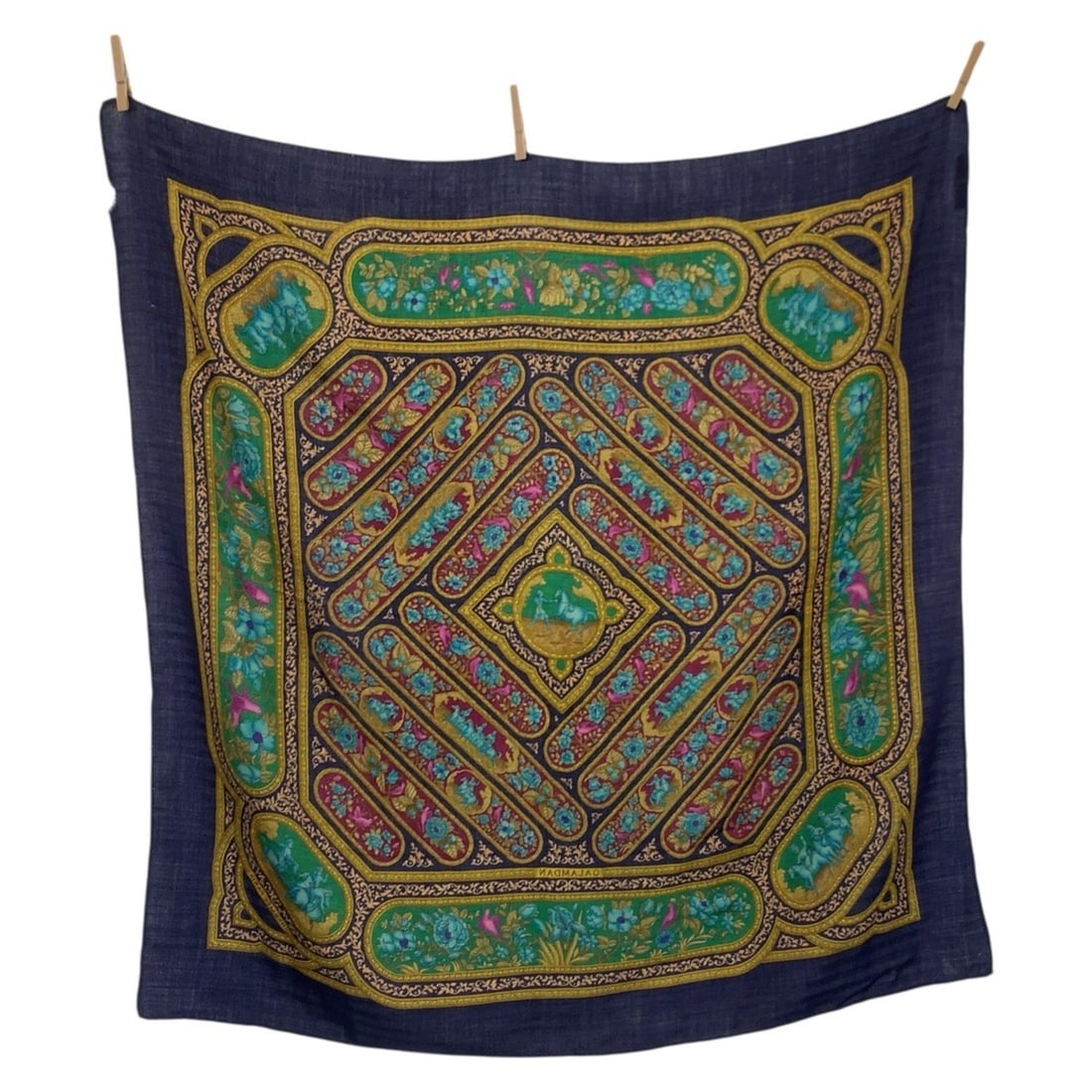 HERMES QALAMDAN Carre 90 Navy Multicolor Silk Scarf/Muffler for Women: --- Catalog ---Category: SizeSize (LxW): 86cm x 87cm / 33.85'' x 34.25''Category: DesignType: ScarfColor: Multi-color, NavyGender: WomenMaterial: Silk Category: GeneralBrand: HermesCountry of Origin: 