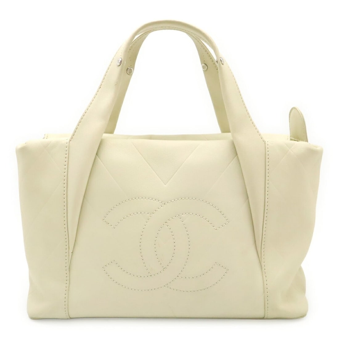 CHANEL V-stitch Coco Mark Handbag Tote Bag Leather Ivory White: --- Catalog ---Category: SizeSize (HxWxD): 20cm x 32.5cm x 11cm / 7.87'' x 12.79'' x 4.33''Category: DesignType: Handbag, Tote bagColor: IvoryGender: WomenMaterial: Leather Category: GeneralBrand: Cha