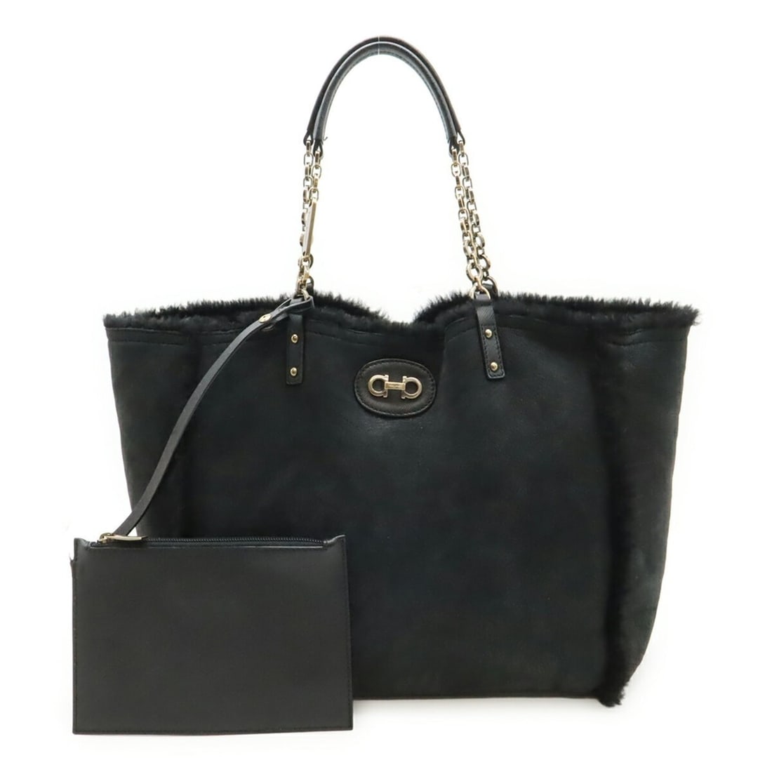 Salvatore Ferragamo Gancini Reversible Tote Bag Handbag with Fur Trim, Black, AU-21 B938 (1 of 9)