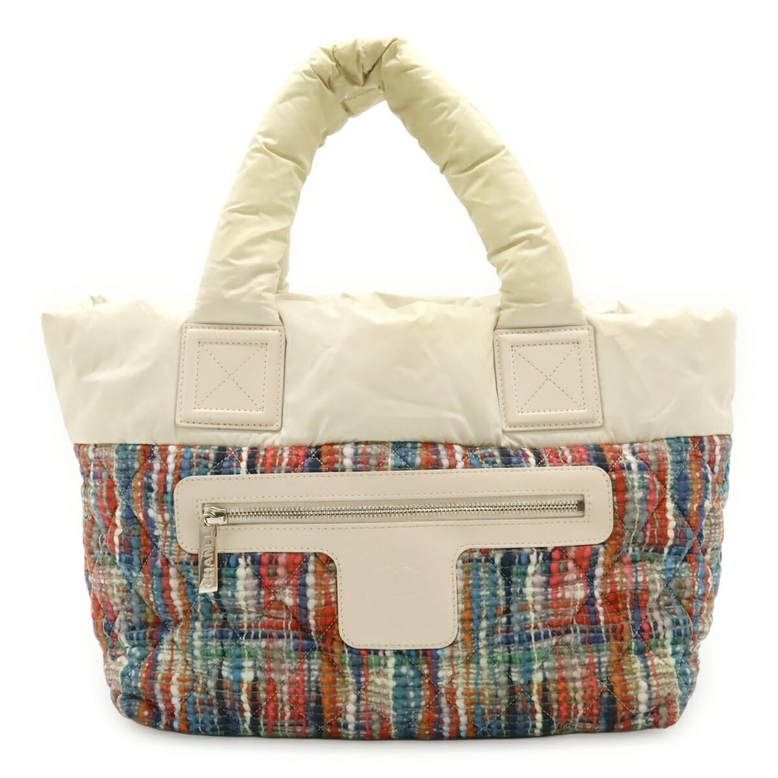 CHANEL Coco Cocoon Small Tote Bag, Handbag, Quilted Nylon Leather, White, Orange, Multicolor, A48610: --- Catalog ---Category: SizeSize (HxWxD): 24.5cm x 28.5cm x 16cm / 9.64'' x 11.22'' x 6.29''Category: DesignType: Handbag, Tote bagColor: Multi-color, Orange, WhiteGender: WomenMaterial: Nylon , Leat