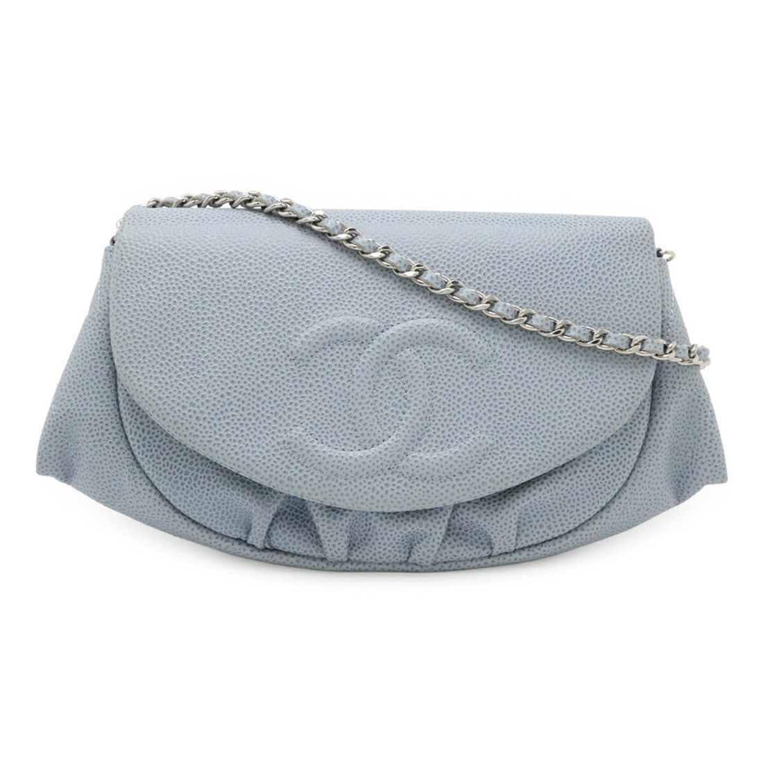 CHANEL Half Moon Coco Mark Wallet Chain Shoulder Bag Pouch Caviar Leather Light Blue A40033: --- Catalog ---Category: SizeSize (HxWxD): 14cm x 18.5cm x 3cm / 5.51'' x 7.28'' x 1.18''Category: DesignType: Pochette, Shoulder bagColor: Light blueGender: WomenMaterial: Grained Calfskin Category: 
