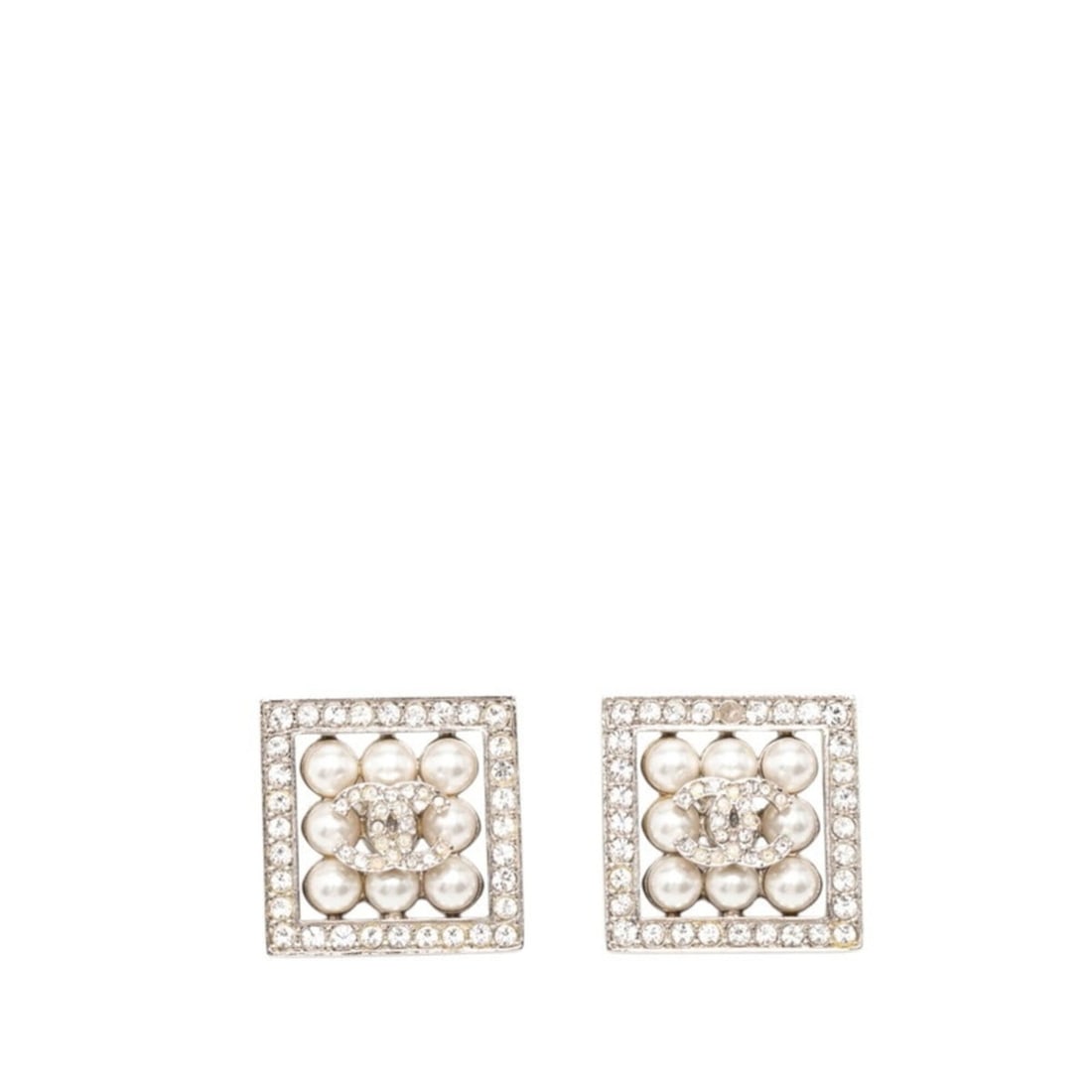 Chanel Coco Mark Square Stud Earrings, C24S Engraving, Silver Metal Rhinestone, Faux Pearl, Women's (1 of 9)