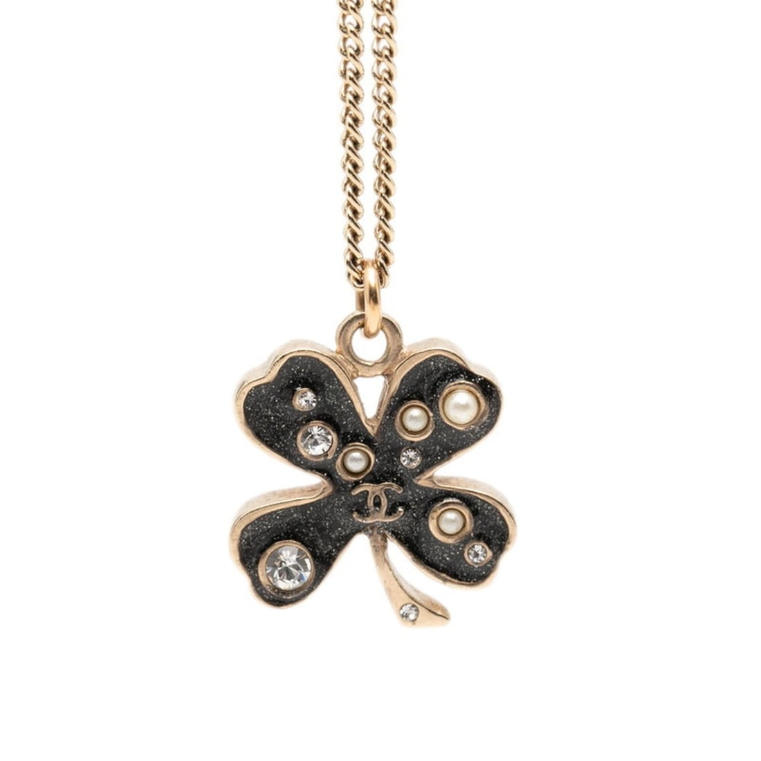Chanel Clover Motif Chain Pendant Necklace, 07A Stamp, Black Gold Plated Rhinestone, Faux Pearl,: --- Catalog ---Category: SizePendant Size: 19.9mm x 17.4mm / 0.78'' x 0.68''Neck Circumference: 41.5 cm / 16.33''Category: DesignColor: Black, GoldGender: WomenMaterial: RhinestoneNecklace Type: Neckl
