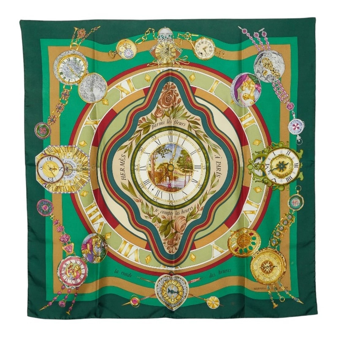 Hermes Carre 90 "Parmi les fleurs je compte heures" (Time spent among flowers) Scarf/Muffler, Green, (1 of 9)