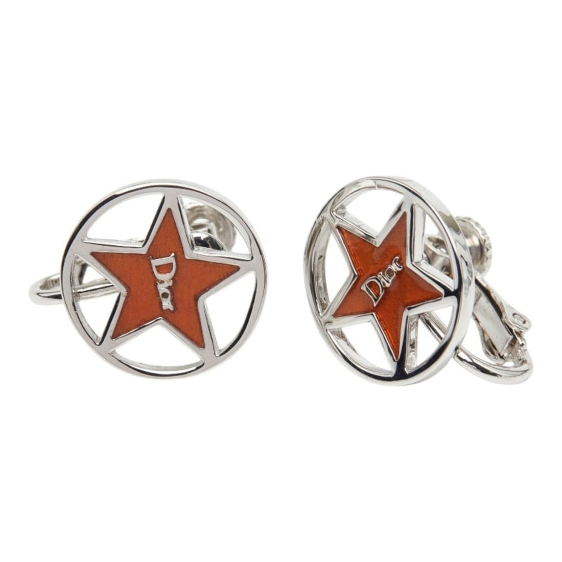 Christian Dior Dior Star Motif Logo Earrings, Silver and Orange Metal, Women's. (1 of 14)