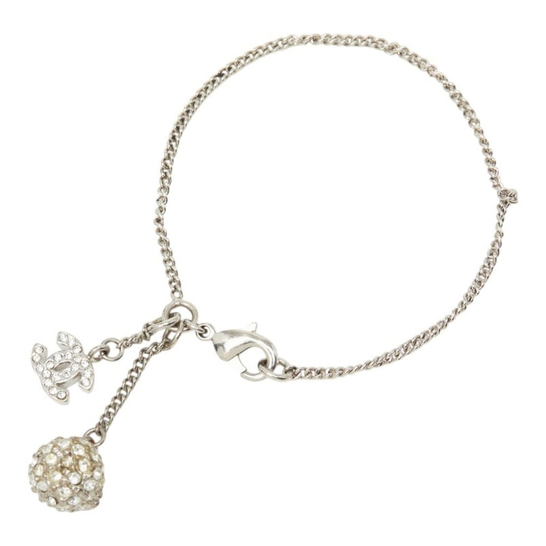 Chanel Coco Mark Bracelet, Silver Rhinestone, Metal, Women's CHANEL: --- Catalog ---Category: SizeLength: 15cm / 5.9''Category: DesignType: Charm braceletColor: SilverGender: WomenMaterial: Metal, RhinestoneCategory: GeneralBrand: Chanel--- Item List ---Section: Condit