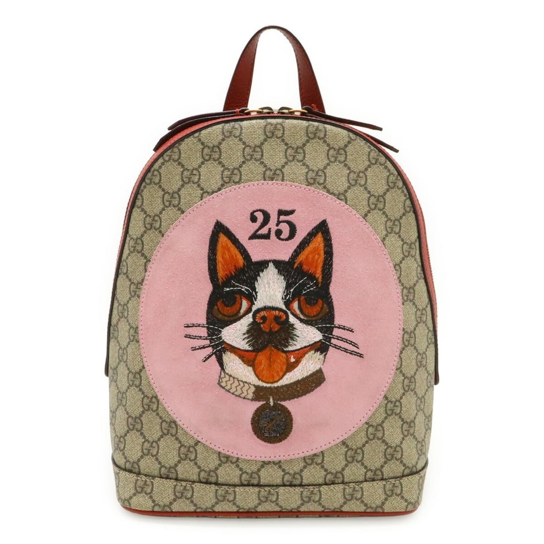 GUCCI GG Supreme BOSCO appliqué dog backpack, leather, beige/red, 495621: --- Catalog ---Category: SizeSize (HxWxD): 29cm x 22cm x 10.5cm / 11.41'' x 8.66'' x 4.13''Category: DesignType: BackpackColor: Beige, Green, PinkGender: WomenMaterial: GG Supreme Category: GeneralMPN