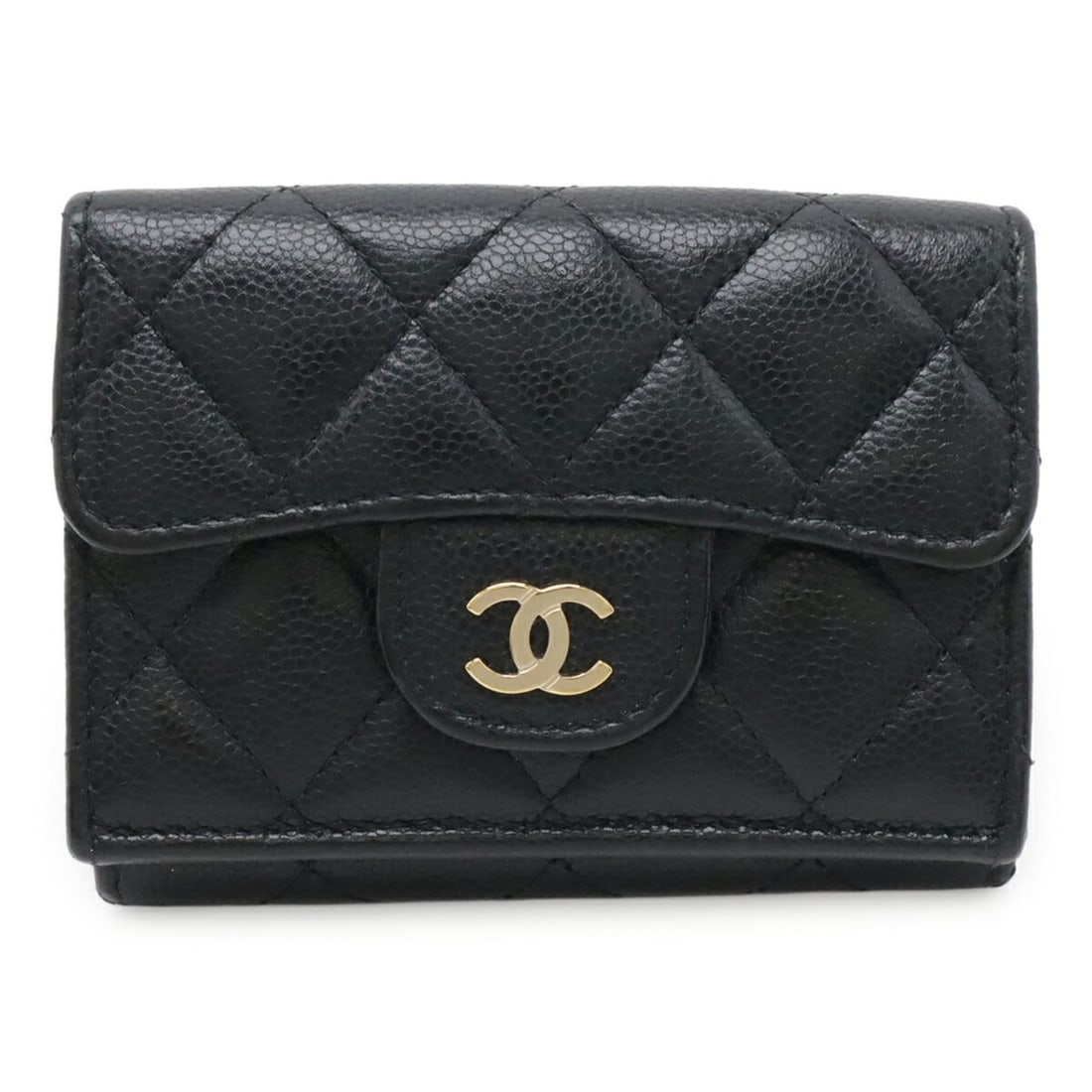 CHANEL Classic Small Flap Wallet, Matelassé, Coco Mark, Tri-fold, Caviar Leather, Black AP0230: --- Catalog ---Category: SizeSize (HxWxD): 7.5cm x 10.5cm / 2.95'' x 4.13''Category: DesignType: Wallet (tri-fold)Color: BlackGender: Women,MenMaterial: Grained Calfskin Category: GeneralBrand: Chanel