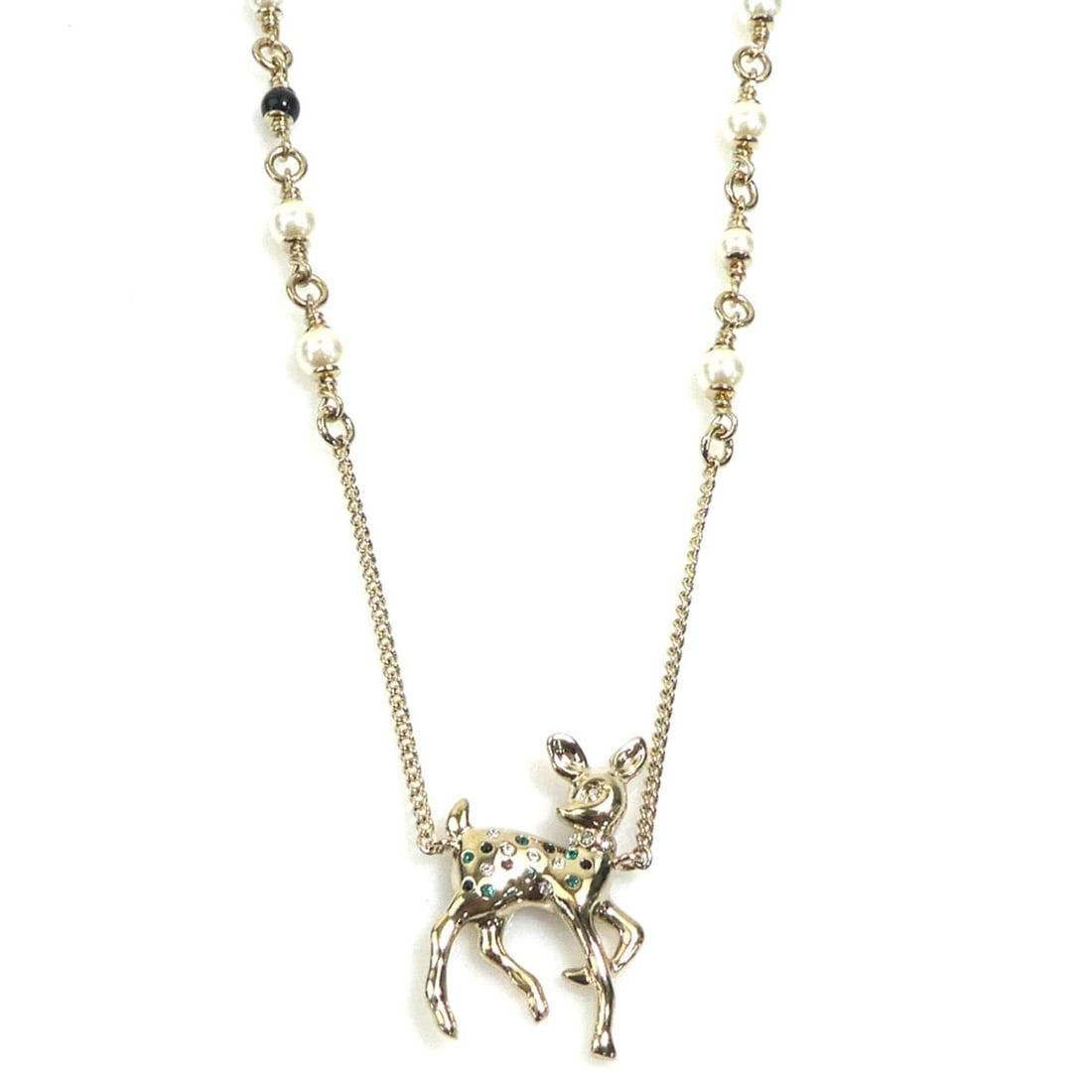 Chanel Bambi Necklace, Metal, Faux Pearl, Gold, Off-White, Black, Green, Women's, e61909a: --- Catalog ---Category: SizePendant Size: 30mm x 20mm / 1.18'' x 0.78''Neck Circumference: 60 cm / 23.62''Category: DesignColor: Black, Gold, Green, Off-whiteGender: WomenMaterial: MetalNecklace Type
