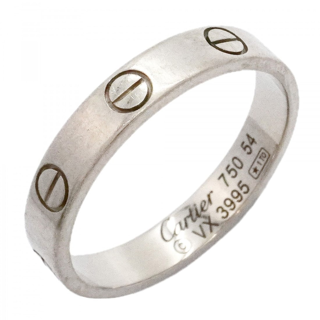 Cartier Mini Love Ring, 18K White Gold, Size #54, Ladies': --- Catalog ---Category: SizeUS Size: 7Brand Size: 54Category: DesignType: Band ringGender: WomenMaterial: White gold (18K)Category: GeneralBrand: Cartier--- Item List ---Section: ConditionRanking: Ra