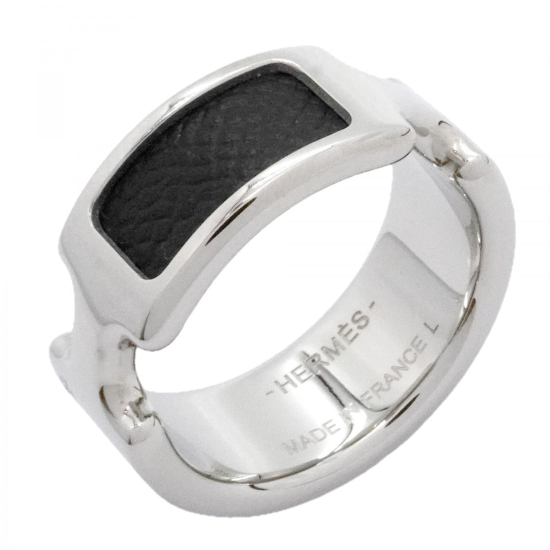 Hermes Olympe Ring, Metal Leather, Silver & Black, Size 16.5 (Men's): --- Catalog ---Category: SizeJP Size: 16.5US Size: 8Category: DesignType: Band ringColor: Black, SilverGender: MenMaterial: Leather, MetalCategory: GeneralBrand: Hermes--- Item List ---Section: Condit