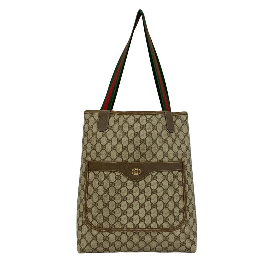 GUCCI Vintage Sherry Line GG Logo Hardware Leather Tote Bag Handbag Brown 231-5: --- Catalog ---Category: SizeSize (HxWxD): 36cm x 29.5cm x 9.5cm / 14.17'' x 11.61'' x 3.74''Category: DesignType: Handbag, Tote bagColor: Brown, Green, Red colorGender: WomenMaterial: PVC , Leather C