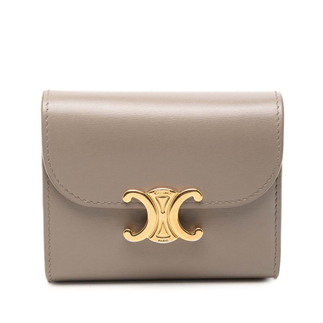 Celine Triomphe Small Flap Wallet, Bi-fold Pebble Gray Leather, Women's CELINE: --- Catalog ---Category: SizeSize (HxWxD): 9cm x 10.5cm x 3cm / 3.54'' x 4.13'' x 1.18''Category: DesignType: Wallet (bi-fold)Color: GrayGender: WomenMaterial: Leather Category: GeneralBrand: Celine--