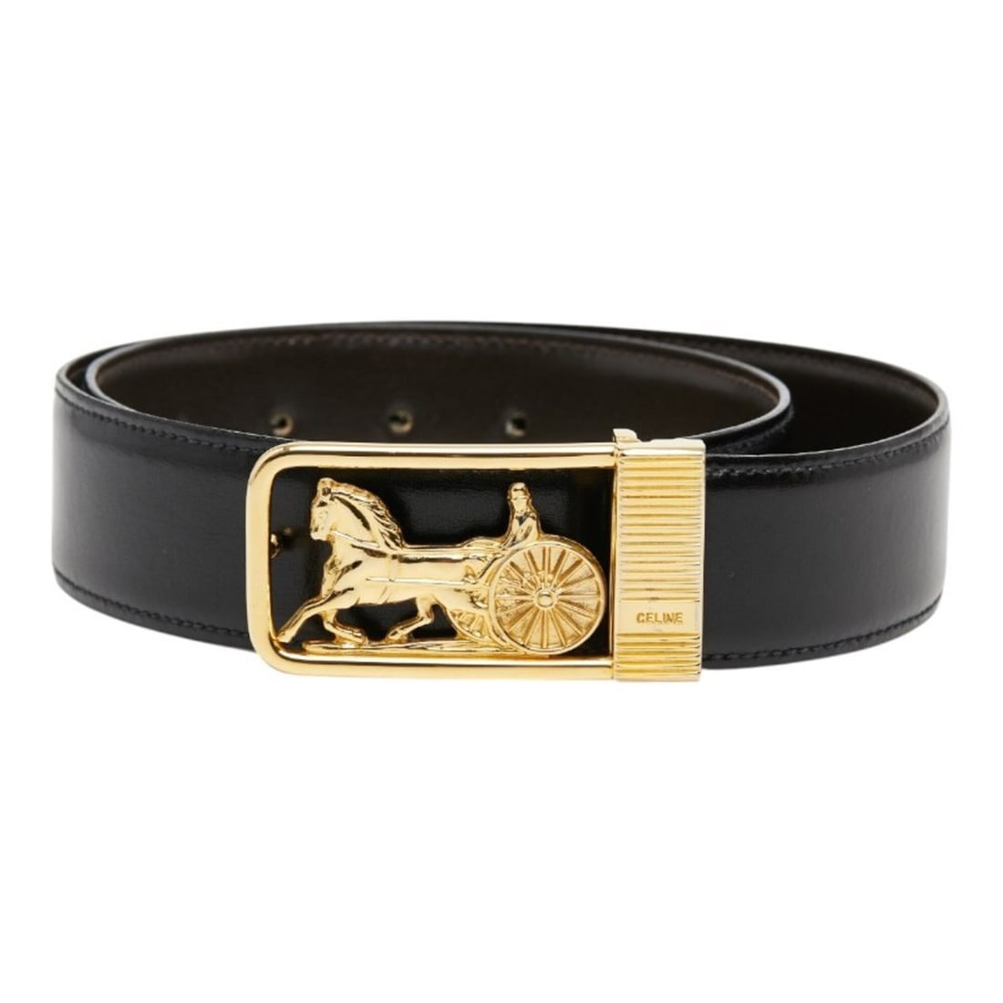 Celine Horse Carriage Vintage Motif Belt, Black, Brown, Gold Plated Leather, Women's.: --- Catalog ---Category: SizeLength: 65cm - 74cm / 25.59'' - 29.13''Category: DesignType: Standard beltColor: Black, Brown, GoldGender: WomenMaterial (Strap): Leather Category: GeneralBrand: Celine---