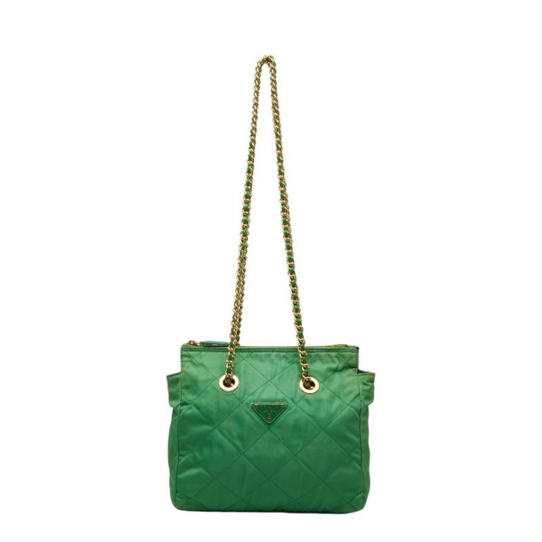 Prada Triangle Logo Plate Chain Shoulder Bag, Green Gold Nylon Leather, Women's PRADA: --- Catalog ---Category: SizeSize (HxWxD): 24cm x 26.5cm x 7.5cm / 9.44'' x 10.43'' x 2.95''Category: DesignType: Shoulder bagColor: GreenGender: WomenMaterial: Nylon , Leather Outer Pocket: Zipper po
