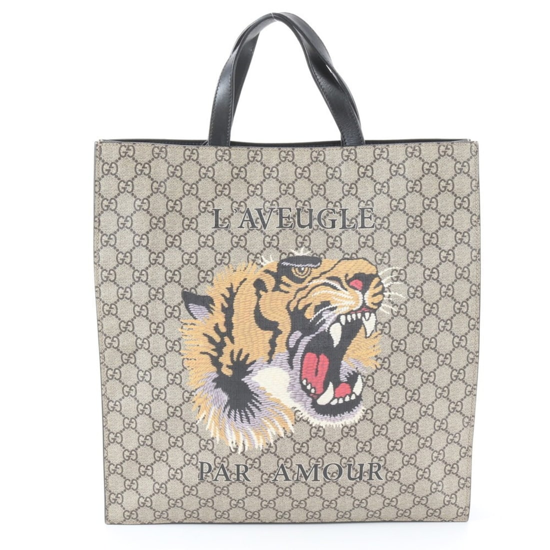 Gucci GG Supreme Tiger Print 450950 Leather Tote Bag Handbag Shoulder for Men: --- Catalog ---Category: SizeSize (HxWxD): 37cm x 35cm x 8cm / 14.56'' x 13.77'' x 3.14''Category: DesignType: Handbag, Tote bagColor: Beige, BlackGender: MenMaterial: Leather , Coated canvas Category