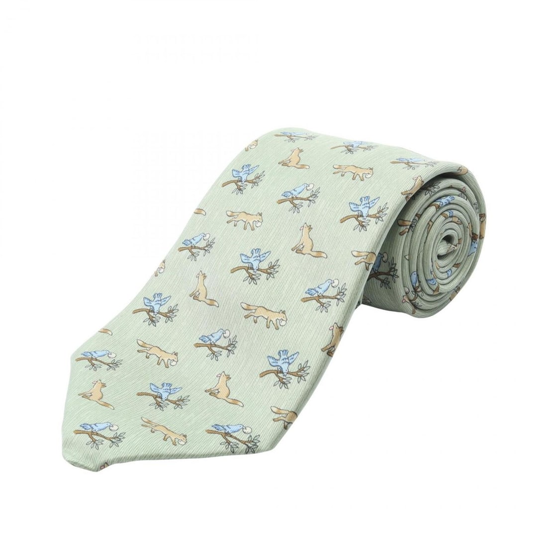 Hermes necktie, featuring a fox and bird animal print, made of silk, in multi-colored shade green,: --- Catalog ---Category: SizeTotal Length: 141cm / 55.51''Category: DesignType: CravatColor: Green, Multi-colorGender: MenMaterial: Silk Category: GeneralBrand: Hermes--- Item List ---Section: Conditi