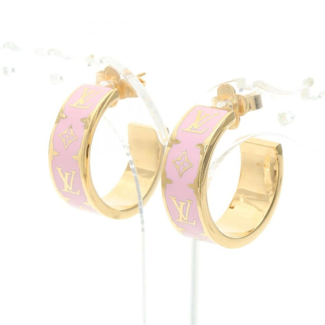Louis Vuitton Nanogram Enamel Hoop Earrings, Gold Plated (GP), Women's, Pink/Gold Tone, M01831 (1 of 10)