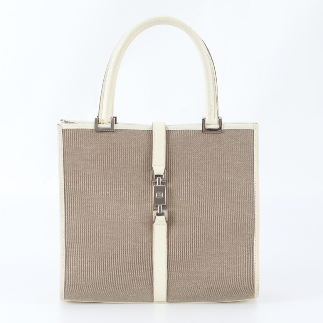Gucci Jackie 002 1065 Leather Tote Bag Handbag Shoulder Silver Hardware Women's: --- Catalog ---Category: SizeSize (HxWxD): 23cm x 24cm x 7cm / 9.05'' x 9.44'' x 2.75''Handle Length: 34cm / 13.38''Category: DesignType: Handbag, Tote bagColor: BeigeGender: WomenMaterial: Canvas , L