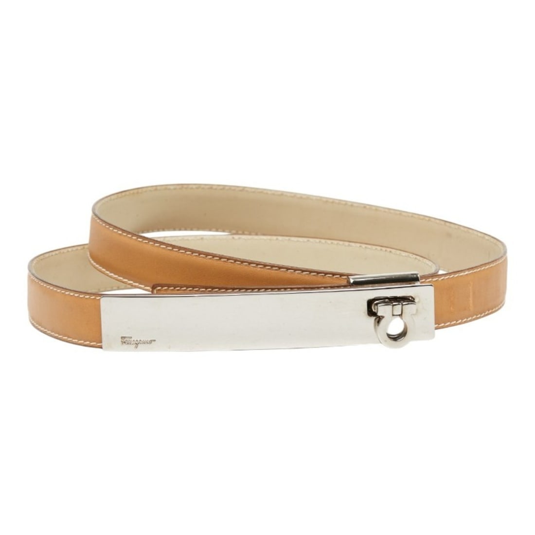 Salvatore Ferragamo Gancini Belt, Size: 75, Beige Silver Leather Metal, Women's. (1 of 8)