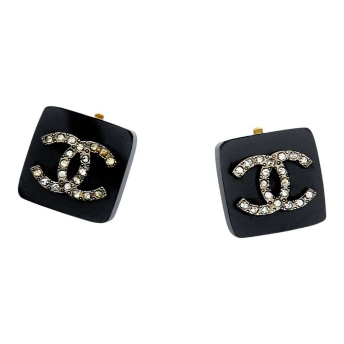 Chanel Vintage Coco Mark Square Earrings, Black Plastic with Plated Rhinestones, Women's CHANEL (1 of 10)