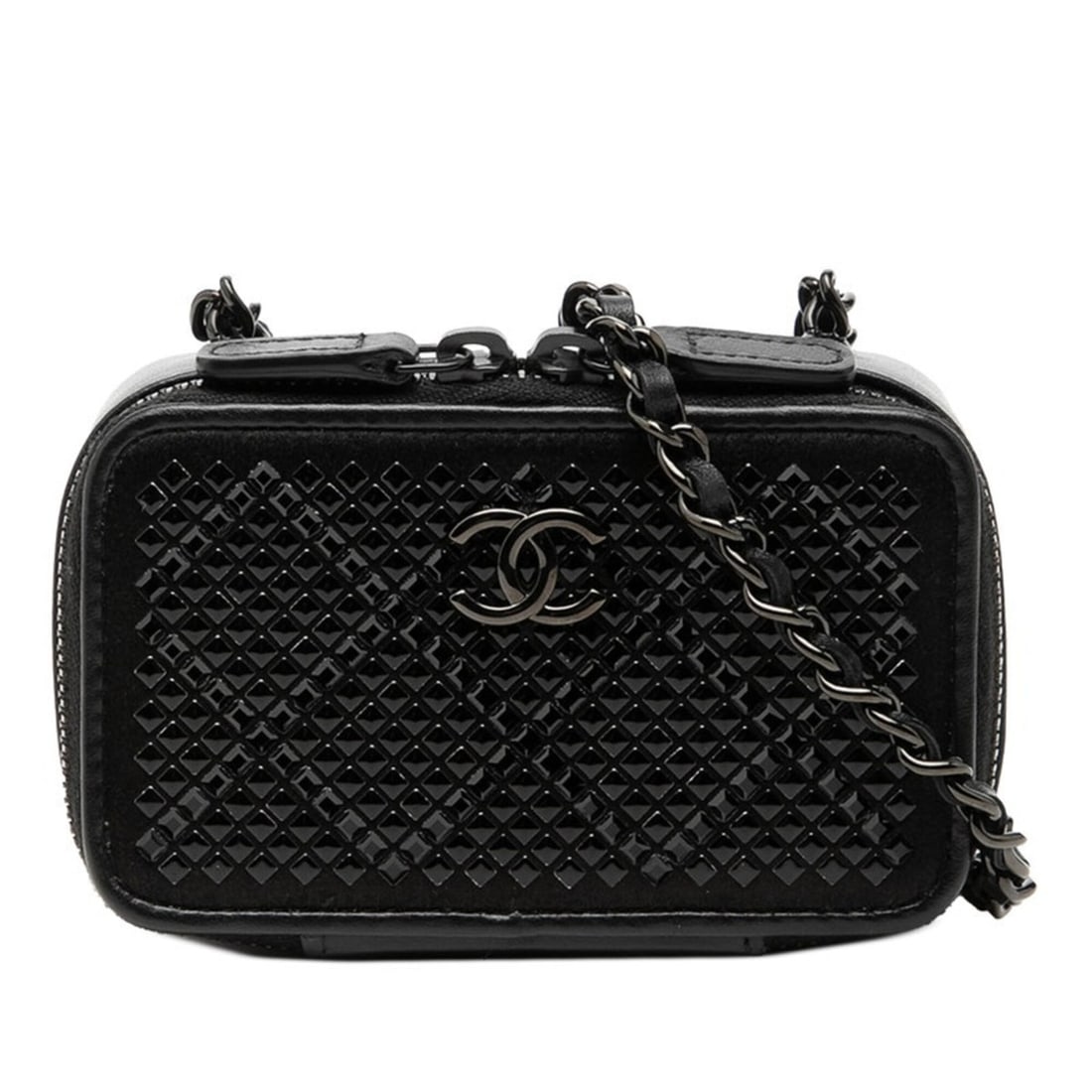 Chanel Coco Mark So Black Crossbody Chain Mini Shoulder Bag, Leather, Satin Rhinestones, Women's: --- Catalog ---Category: SizeSize (HxWxD): 7cm x 11.5cm x 4cm / 2.75'' x 4.52'' x 1.57''Category: DesignType: Shoulder bagColor: BlackGender: WomenMaterial: Satin , Rhinestone , Leather Category: Gene