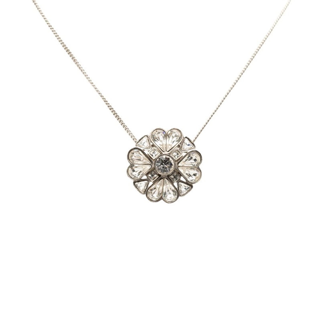 Chanel Coco Mark Necklace 08A Silver Metal Rhinestone Women's CHANEL: --- Catalog ---Category: SizePendant Size: 25.7mm x 25.5mm / 1.01'' x 1''Neck Circumference: 42 cm / 16.53''Category: DesignColor: SilverStone: RhinestoneGender: WomenMaterial: MetalNecklace Type: Nec