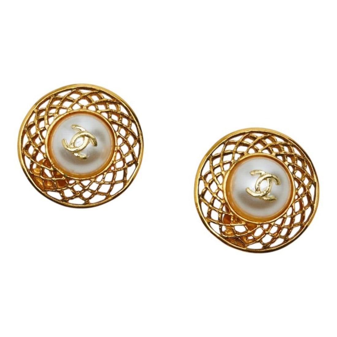Chanel Coco Mark Round Earrings, Gold Plated, Faux Pearl, Women's. (1 of 6)