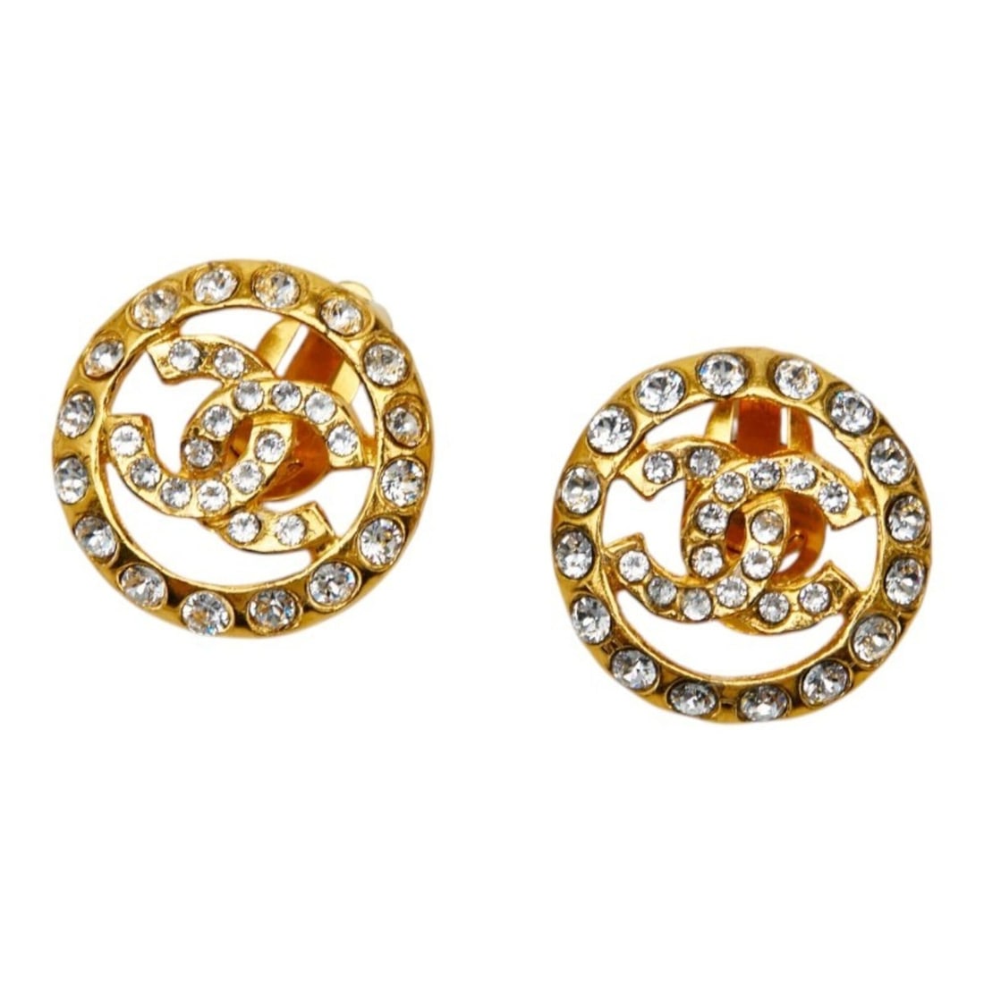Chanel Coco Mark Round Earrings, Gold Plated, Rhinestone, Women's CHANEL: --- Catalog ---Category: SizeSize (HxWxD): 26.10mm x 26.10mm / 1.03'' x 1.03''Category: DesignType: Clip earringsColor: GoldStone: RhinestoneGender: WomenMaterial: Gold platingCategory: GeneralBrand: 