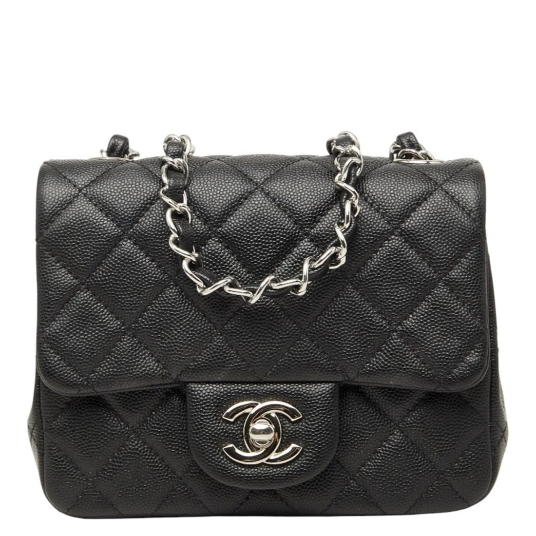 Chanel Mini Matelasse 17 Coco Mark Chain Shoulder Bag Handbag Pouch Pochette Black Silver Hardware: --- Catalog ---Category: SizeSize (HxWxD): 13cm x 16.5cm x 8cm / 5.11'' x 6.49'' x 3.14''Category: DesignType: Handbag, Pochette, Pouch, Shoulder bagColor: BlackGender: WomenMaterial: Grained Calfskin