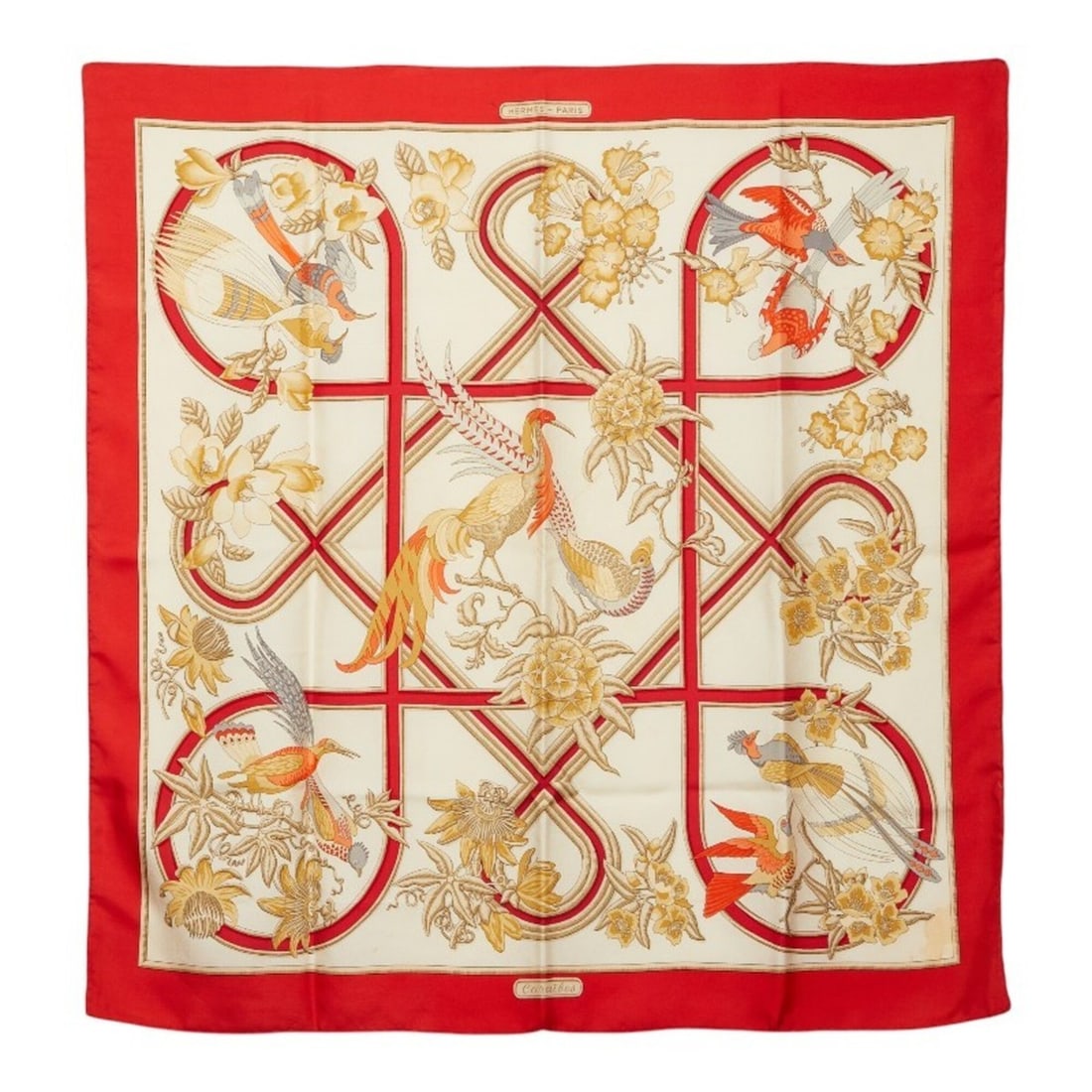 Hermes Carre 90 Caraibes (Caribbean Bird) Scarf/Muffler, Large Size, Red/Ivory Silk, Women's. (1 of 6)