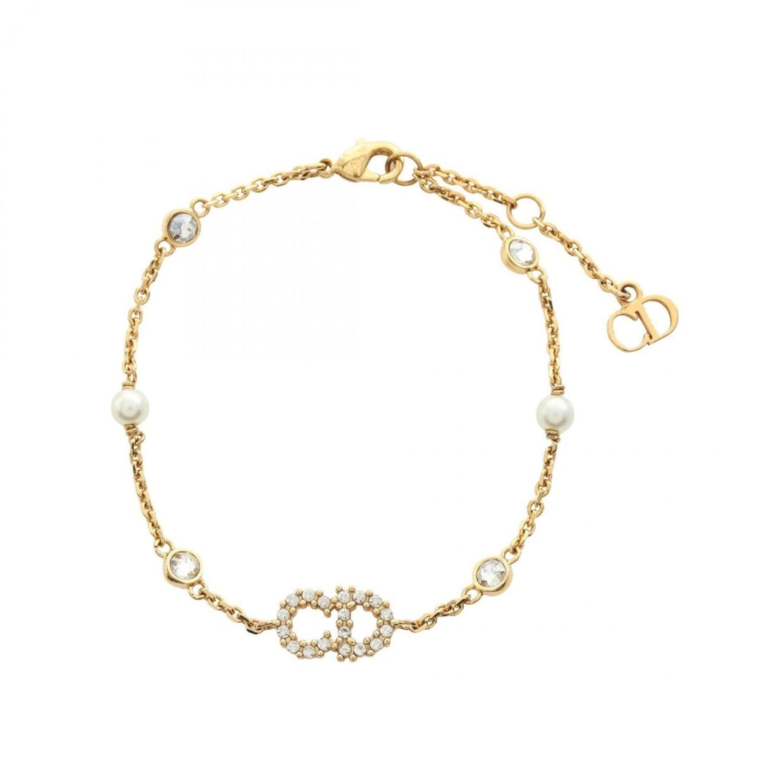 Christian Dior Dior CD Logo Bracelet, Gold Plated (GP), Faux Pearl, Rhinestone, Women's, Gold,: --- Catalog ---Category: SizeLength: 15cm - 17cm / 5.9'' - 6.69''Category: DesignType: Charm braceletColor: Clear, Gold, WhiteGender: WomenMaterial: Gold plating, RhinestoneCategory: GeneralBrand: Chr