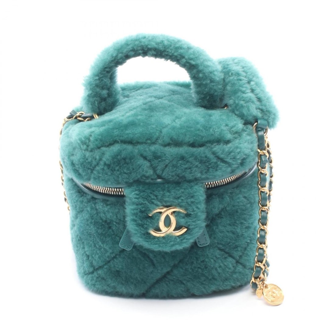Chanel Matelassé Vanity 2-Way Shoulder Bag/Handbag, Leather, Fur, Women's, Green, AS3357 (1 of 8)