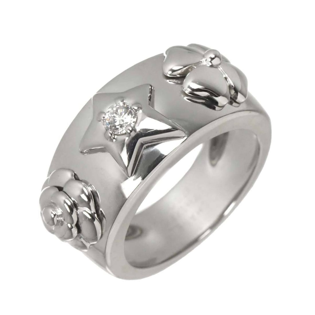 Chanel Three Symbols Ring with Diamonds, 18K White Gold (750): --- Catalog ---Category: SizeJP Size: 10US Size: 5.5Category: DesignType: Band ringGender: WomenMaterial: White gold (18K)Category: GeneralBrand: Chanel--- Item List ---Section: ConditionRanking: Rank
