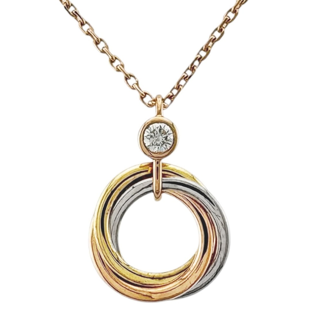 Cartier Baby Trinity Necklace, 18K Pink Gold, Diamond, Women's, CARTIER: --- Catalog ---Category: SizePendant Size: 14.5mm x 12mm / 0.57'' x 0.47''Category: DesignColor: Pink, White, YellowGender: WomenMaterial: Pink gold (18K), White gold (18K), Yellow gold (18K)Necklace 