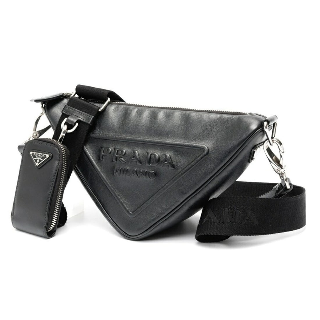 Prada Triangle Embossed Shoulder Bag 1BH190, Leather, Black: --- Catalog ---Category: SizeSize (HxWxD): 15cm x 25cm x 10cm / 5.9'' x 9.84'' x 3.93''Category: DesignType: Shoulder bagColor: BlackGender: Women,MenMaterial: Leather Category: GeneralBrand: