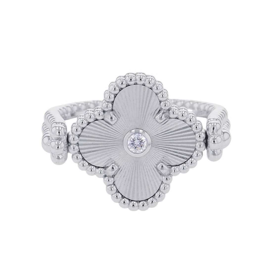 Van Cleef & Arpels Alhambra Reversible Ring, Chalcedony and 0.04ct Diamond, Guilloché, 18K White: --- Catalog ---Category: SizeJP Size: 12US Size: 6.5Category: DesignType: Band ringColor: WhiteGender: WomenMaterial: White gold (18K)Category: GeneralMPN: VCARPGV300Brand: Van Cleef & Arpels--- Item 