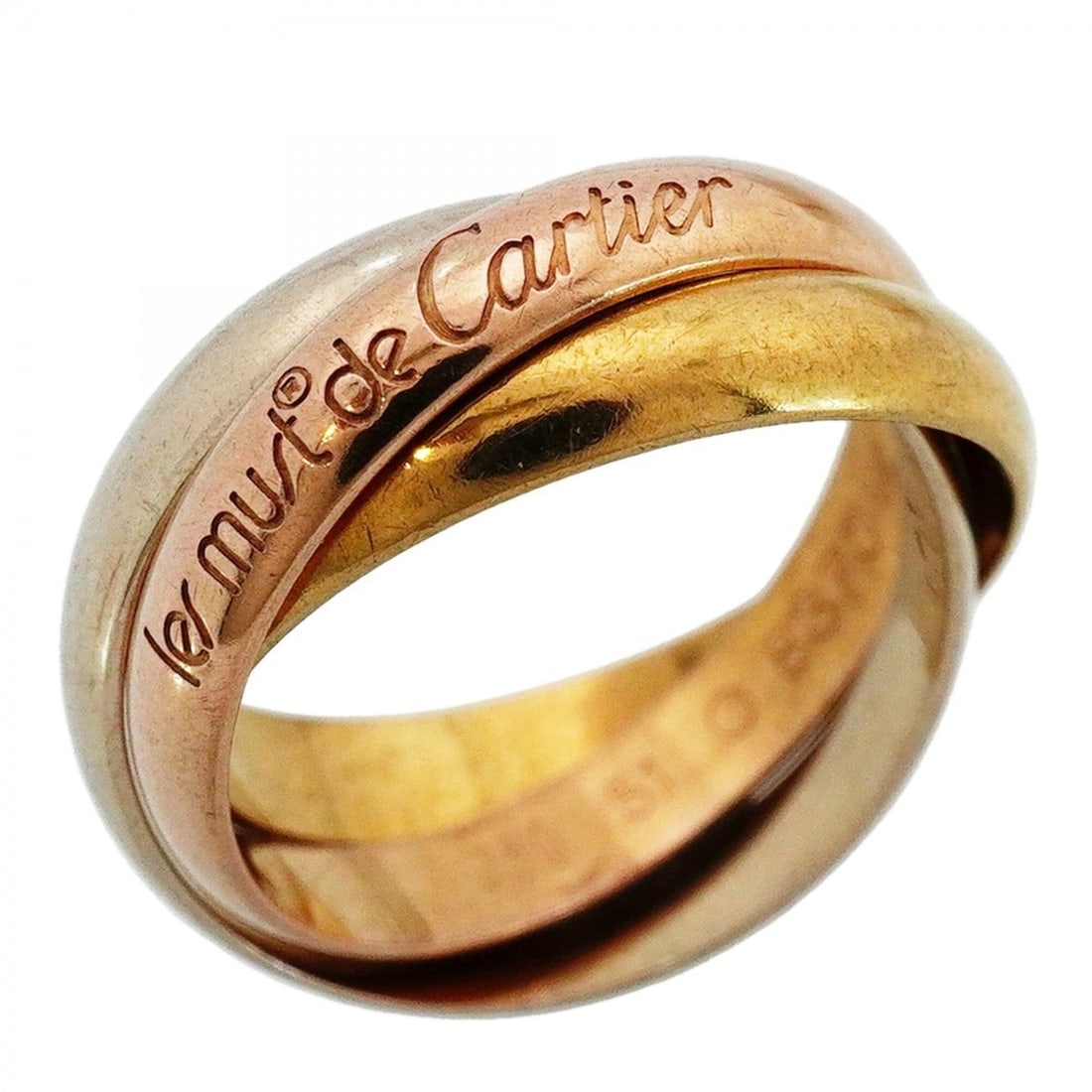 Cartier Trinity Classic Ring, 18K Yellow Gold (KYG), White (18KWG), Pink (18KPG), Size #51, Ladies': --- Catalog ---Category: SizeUS Size: 6Brand Size: 51Category: DesignType: Band ringGender: WomenMaterial: Pink gold (18K), White gold (18K), Yellow gold (18K)Category: GeneralBrand: Cartier--- Item L