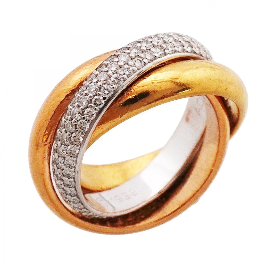 Cartier Trinity Ring, 18K Yellow Gold, White Pink Diamond, Size #49, Ladies'.: --- Catalog ---Category: SizeUS Size: 5Brand Size: 49Category: DesignType: Band ringStone: DiamondGender: WomenMaterial: Pink gold (18K), White gold (18K), Yellow gold (18K)Category: GeneralBrand: Car