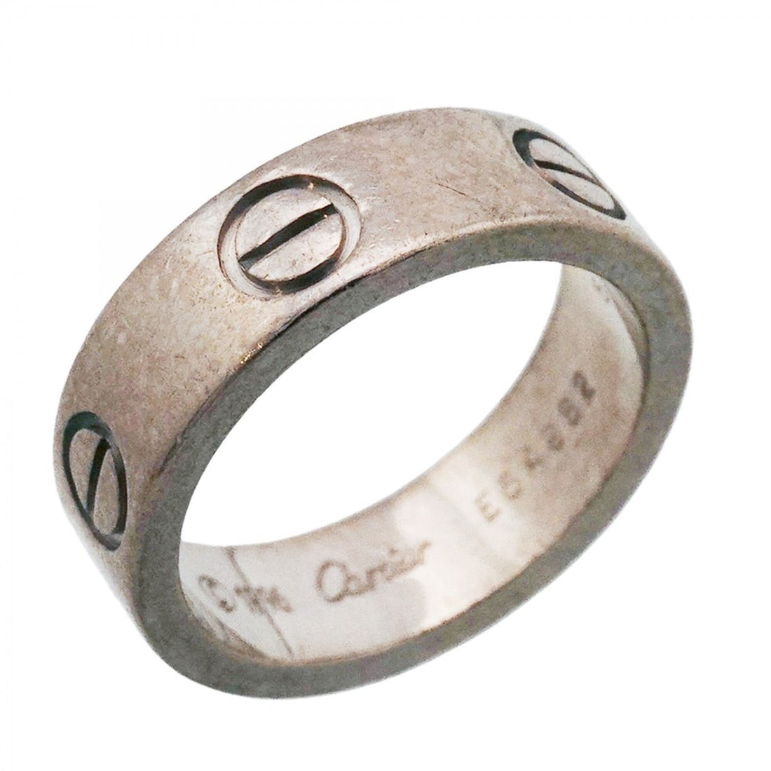 Cartier Love Ring, 18K White Gold, Size 50, Ladies': --- Catalog ---Category: SizeUS Size: 5.5Brand Size: 50Category: DesignType: Band ringGender: WomenMaterial: White gold (18K)Category: GeneralBrand: Cartier--- Item List ---Section: ConditionRanking: 