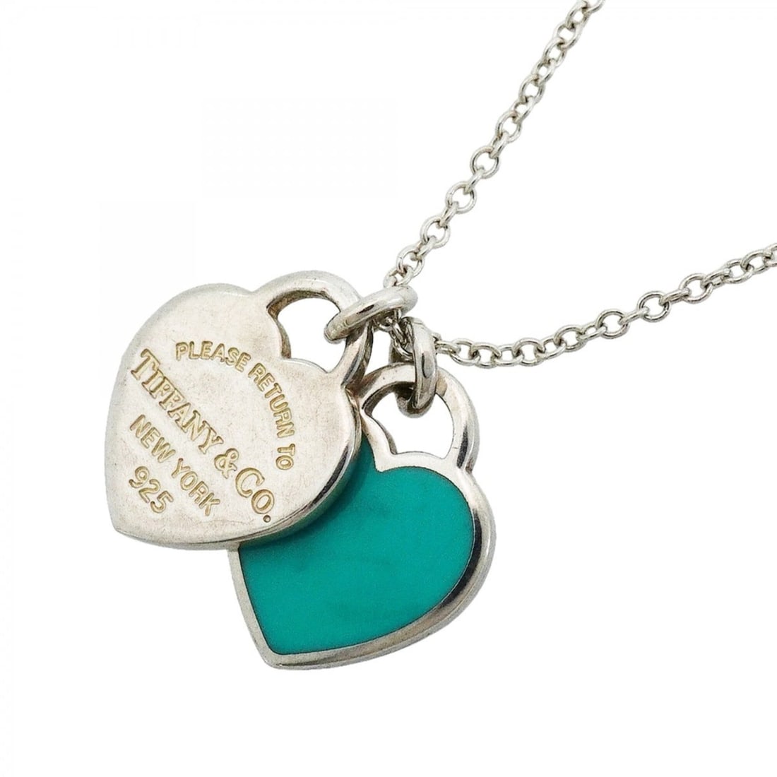 Tiffany & Co. Double Return to Heart Necklace, Sterling Silver 925, Blue, Women's: --- Catalog ---Category: SizePendant Size: 13.7mm x 13.4mm / 0.53'' x 0.52''Neck Circumference: 41 cm / 16.14''Category: DesignColor: BlueGender: WomenMaterial: Silver 925Necklace Type: NecklaceCatego
