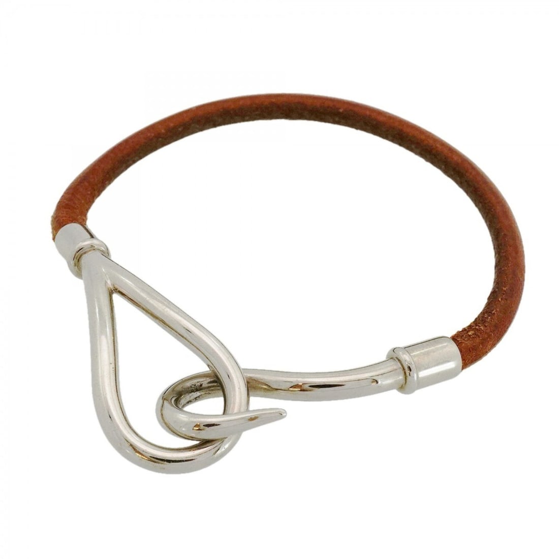 Hermes Jumbo Hook Bracelet, Metal and Leather, Silver Brown, Women's (1 of 11)