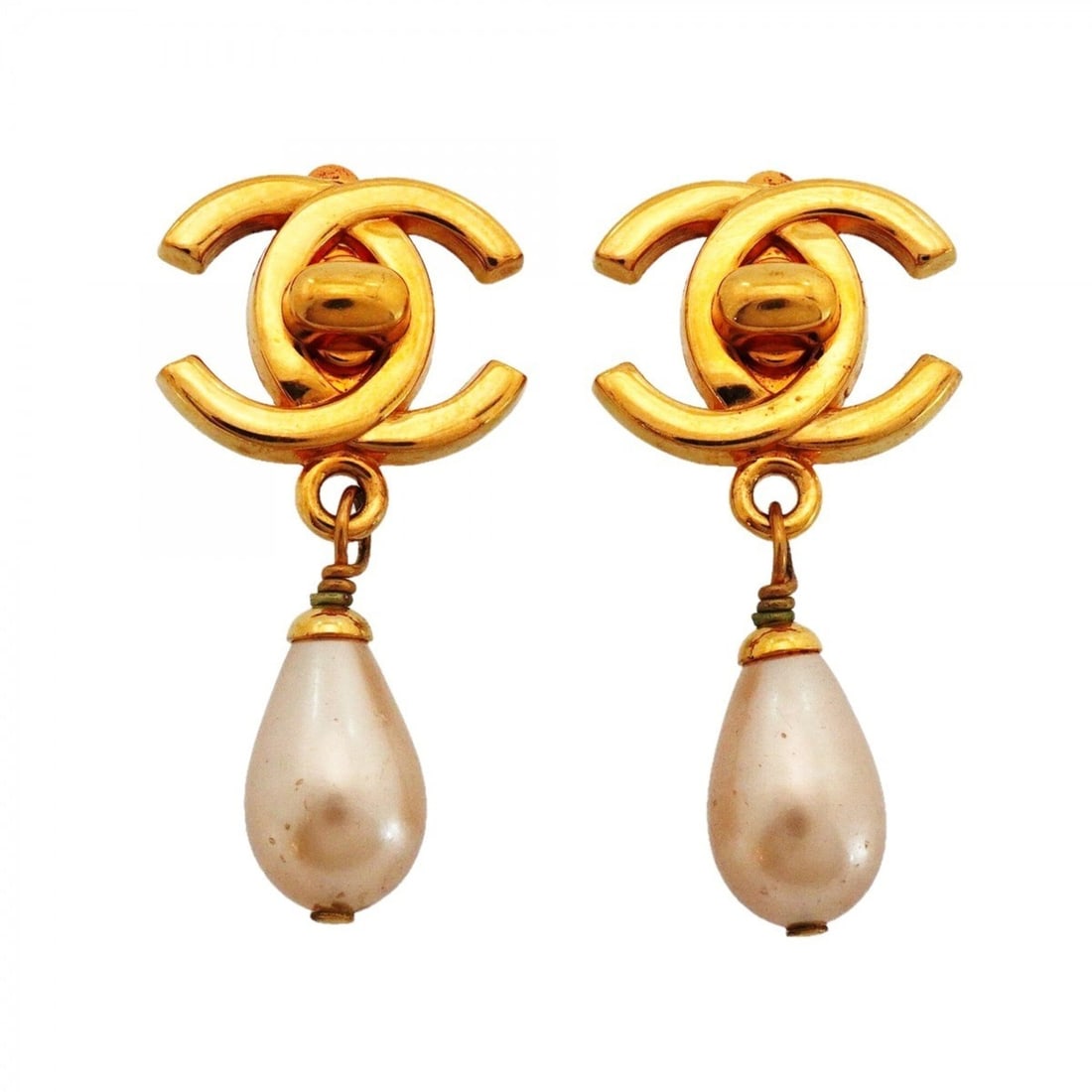 Chanel earrings, Coco Mark, turnlock, GP plated, faux pearl, gold, women's. (1 of 13)