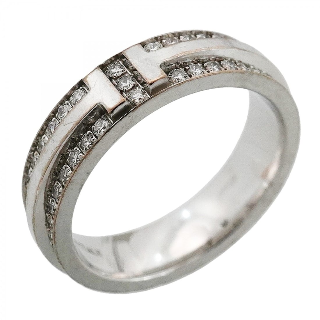 Tiffany & Co. T Narrow Pave Ring, 18K White Gold, Diamond, Size 6.5, Women's: --- Catalog ---Category: SizeJP Size: 6.5US Size: 3.5Category: DesignType: Band ringStone: DiamondGender: WomenMaterial: White gold (18K)Category: GeneralBrand: Tiffany--- Item List ---Section: Condit