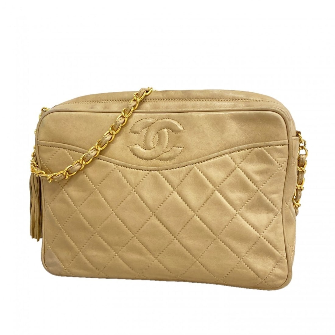 Chanel Matelassé Shoulder Bag with Chain Strap, Lambskin, Beige, Women's, P2960785: --- Catalog ---Category: SizeSize (HxWxD): 16cm x 23cm x 6cm / 6.29'' x 9.05'' x 2.36''Category: DesignType: Shoulder bagColor: BeigeGender: WomenMaterial: Leather Hardware Color: GoldLeather/Fur Type