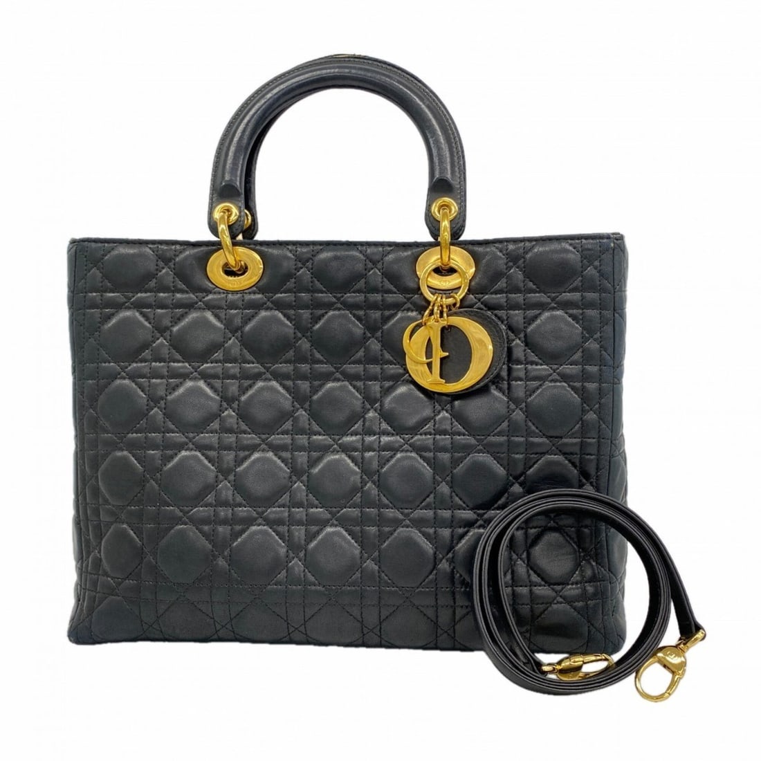 Christian Dior Cannage Lady handbag, black leather, 2-way bag for women.: --- Catalog ---Category: SizeSize (HxWxD): 24cm x 32cm x 12cm / 9.44'' x 12.59'' x 4.72''Category: DesignType: HandbagColor: BlackGender: WomenMaterial: Leather Hardware Color: GoldCategory: