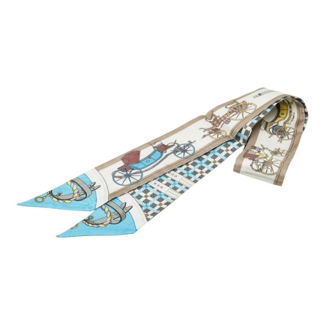 Hermes Twilly Les Voitures Nouvelles (The Evolution of Horse-Drawn Carriages) Scarf/Muffler White: --- Catalog ---Category: SizeSize (LxW): 5cm x 88cm / 1.96'' x 34.64''Category: DesignType: ScarfColor: Multi-color, WhiteGender: WomenCategory: GeneralBrand: Hermes--- Item List ---Section: Condition